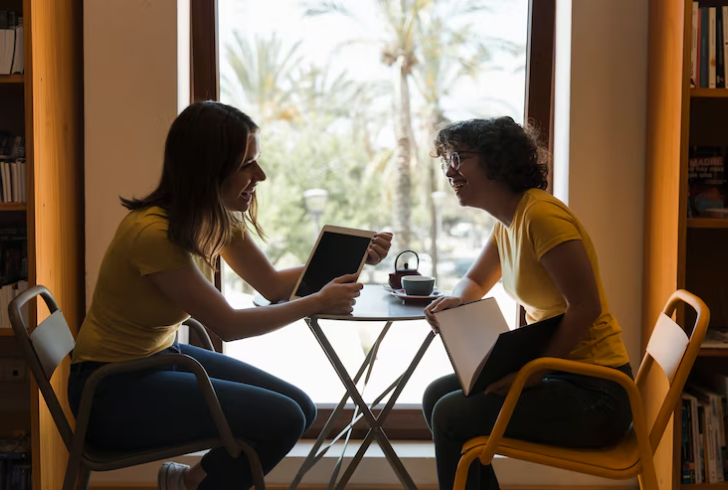 Two digital nomads laughing and conversation