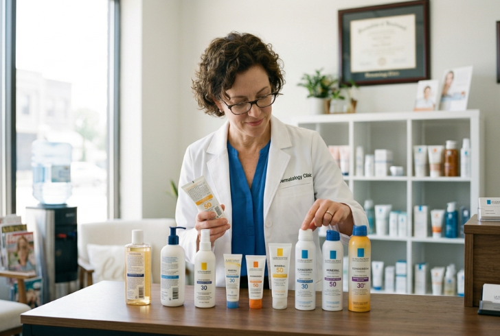 A dermatologist examining sunscreen products