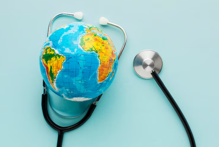 Globe with health-related icon like stethoscope